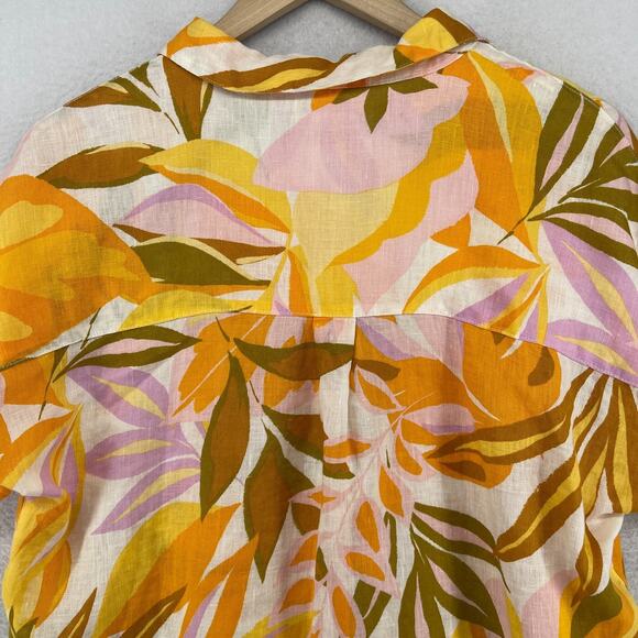 C&C CALIFORNIA Top M 100% Linen Tropical Leaf Camp Shirt Button Front Yellow - Picture 9 of 13